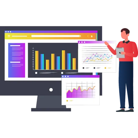 Young man talking about graph report on monitor  Illustration