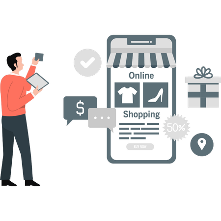 Young man talking about online shopping location  Illustration