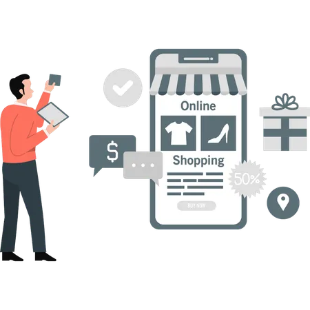 Young man talking about online shopping location  Illustration