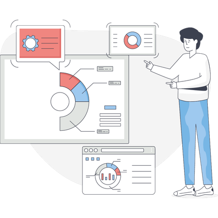 Young man talking about pie chart  Illustration