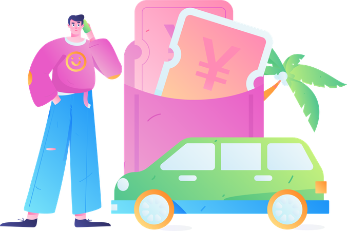 Young man talking on mobile for taxi rent  Illustration