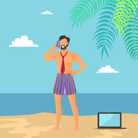 Young man talking on phone at beach  Illustration