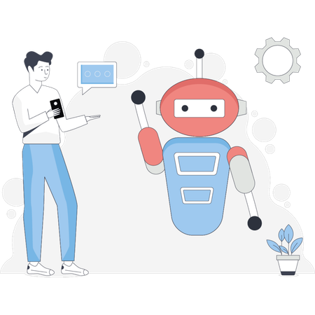 Young man talking with robot  Illustration
