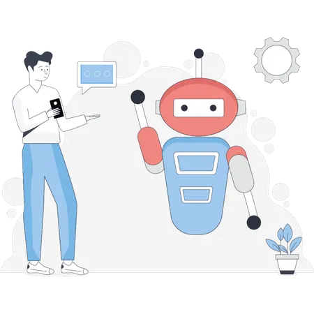 Young man talking with robot  Illustration