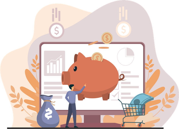 Young Man Teaches About Financial Investments In Piggy Bank Illustration