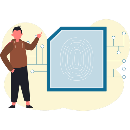 Young man telling about fingerprint chip  Illustration