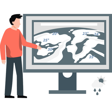 Young man telling different areas temperature from map  Illustration