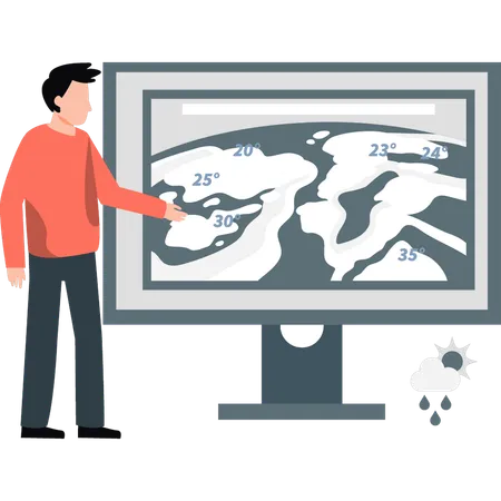 Young man telling different areas temperature from map  Illustration