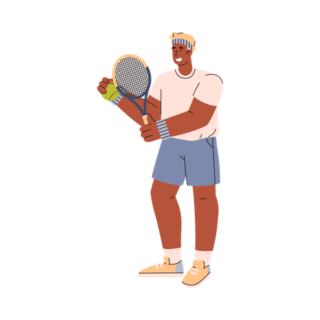 Young man tennis player standing with green ball and racket  Illustration
