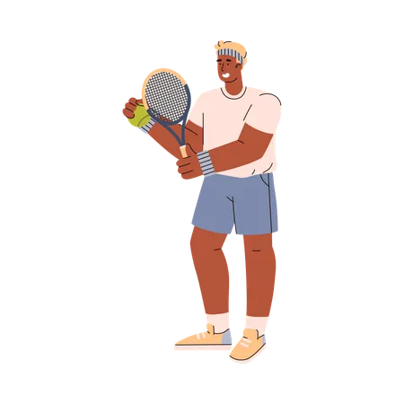Young man tennis player standing with green ball and racket  Illustration