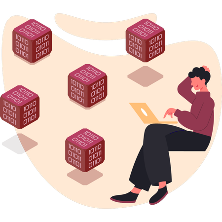 Young man thinking about 3D cube  Illustration