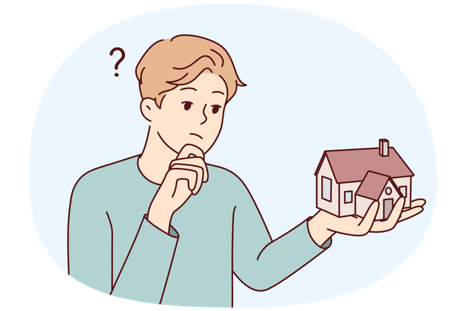 Young man thinking of house mortgage  Illustration