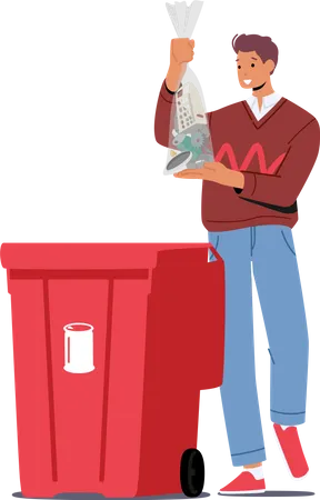 Young Man Throw Bag with Metal Litter into Recycle Trash Bin  Illustration