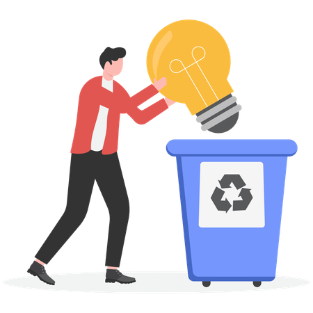 Young man throwing idea in dustbin  Illustration