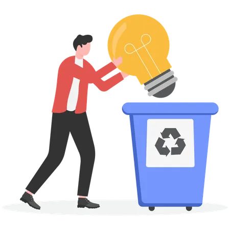 Young man throwing idea in dustbin  Illustration