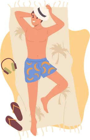 Young man tourist lying on beach towel enjoying rest at seaside of tropical resort  イラスト