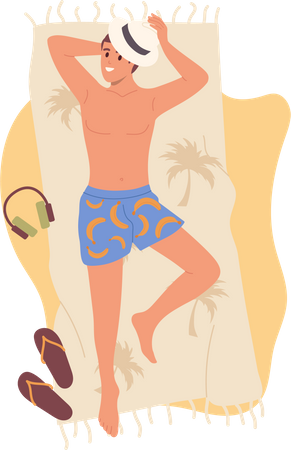 Young man tourist lying on beach towel enjoying rest at seaside of tropical resort  일러스트레이션