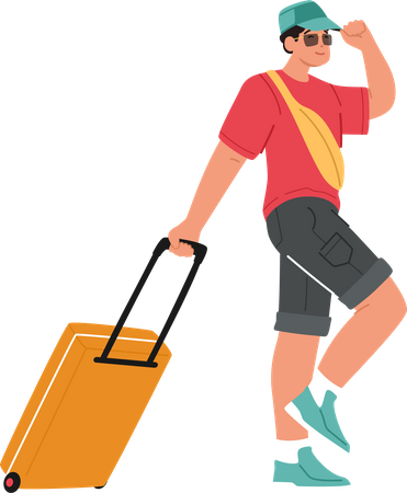 Young Man Tourist Walking With Suitcase Illustration