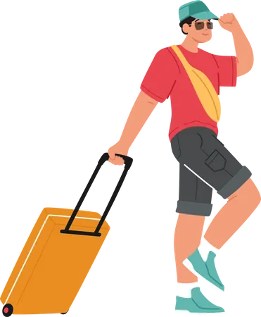 Young Man Tourist Walking With Suitcase Illustration