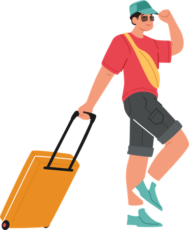 Young Man Tourist Walking With Suitcase  Illustration