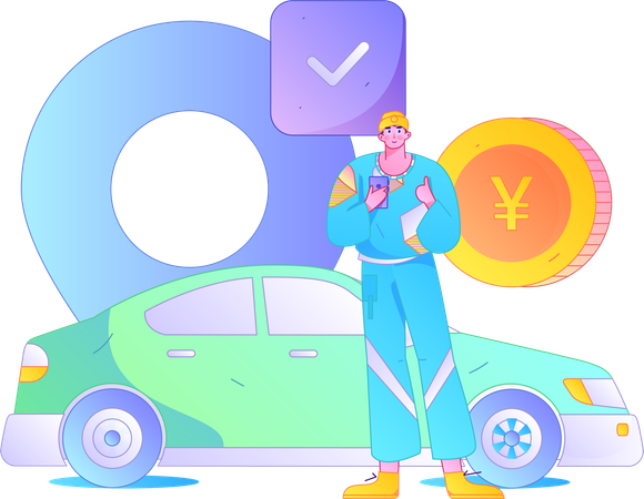 Young man tracking cab location  Illustration