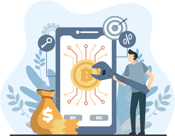 Young man trading bitcoin crypto online in mobile Illustration