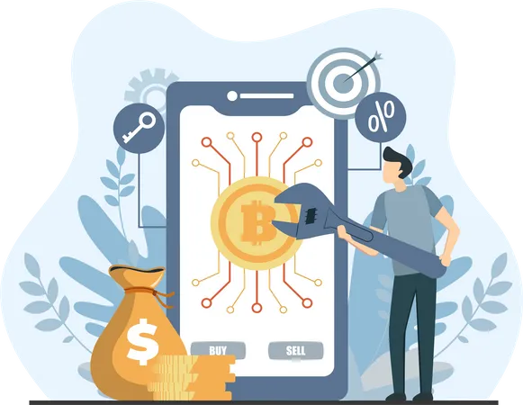 Young man trading bitcoin crypto online in mobile Illustration