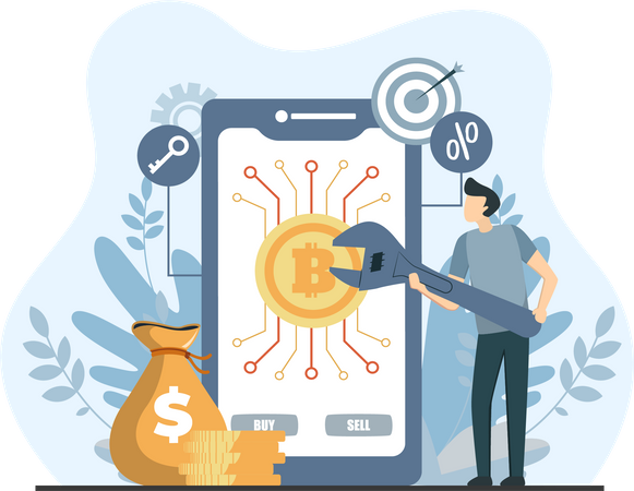 Young man trading bitcoin crypto online in mobile  Illustration