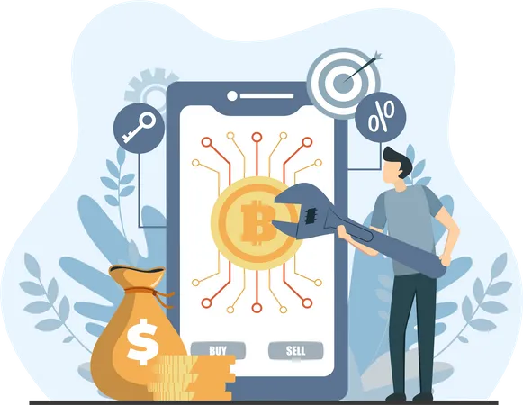 Young man trading bitcoin crypto online in mobile  Illustration