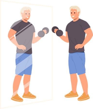 Young man training with dumbbells standing front of mirror  Illustration