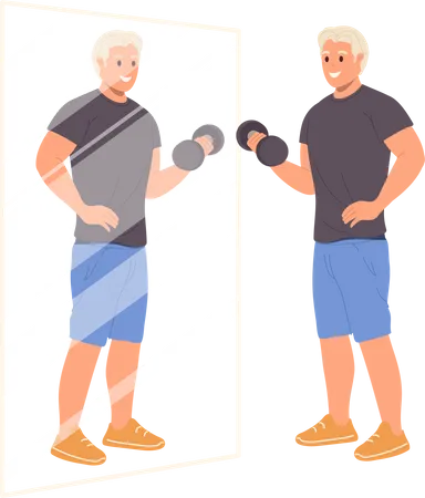 Young man training with dumbbells standing front of mirror  Illustration