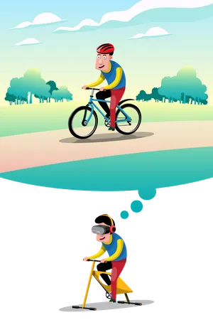 A Young Man Trains With VR Equipment And Dreams Of Becoming A World Class Cycling Athlete Flat Vector Illustration Character Design Illustration