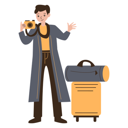 Young Man Traveling with Camera  Illustration