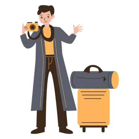Young Man Traveling with Camera  Illustration