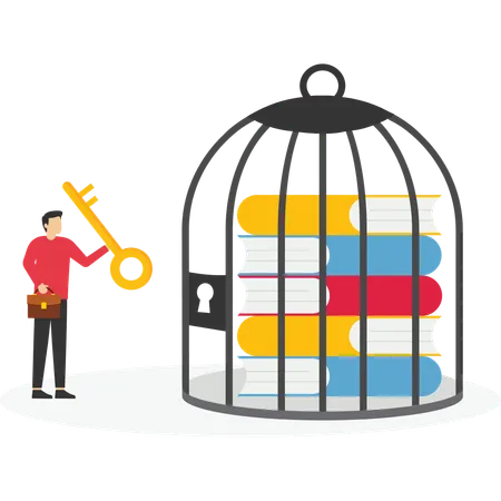 Young man unlocks book in cage  Illustration