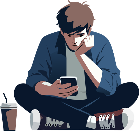 Young man using a smartphone with bored expression  Illustration