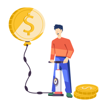 Young man using air pump filling air in dollar ballon  Illustration