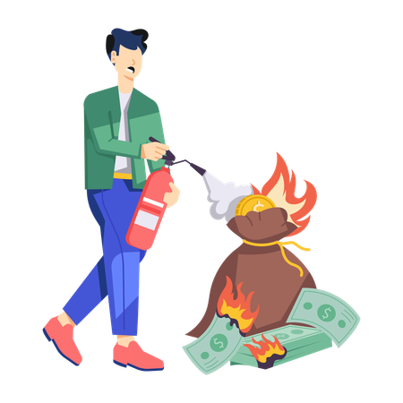 Young man using Fire Extinguisher extinguishing money fire  Illustration