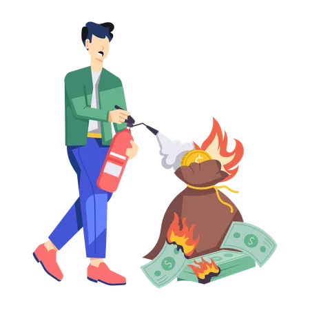 Young man using Fire Extinguisher extinguishing money fire  Illustration