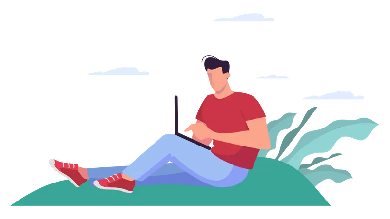 Young Man Use His Laptop Sitting On The Grass Concept The Person Work In The Park Outdoor Time Spending Isolated Flat Vector Illustration Illustration