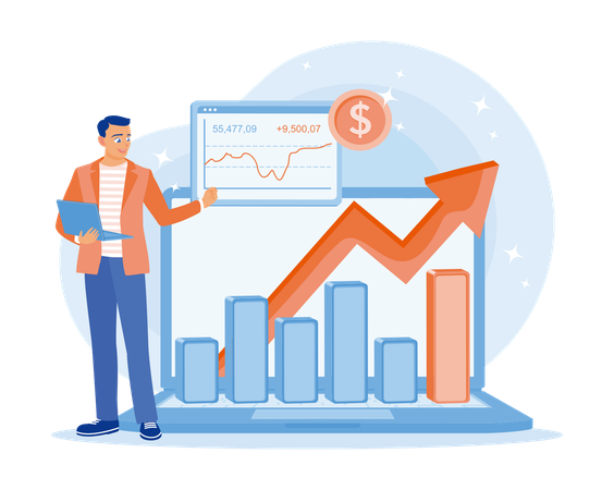 Young man using laptop to analyze stock market trading charts  Illustration