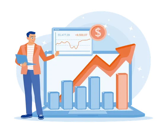 Young man using laptop to analyze stock market trading charts  Illustration