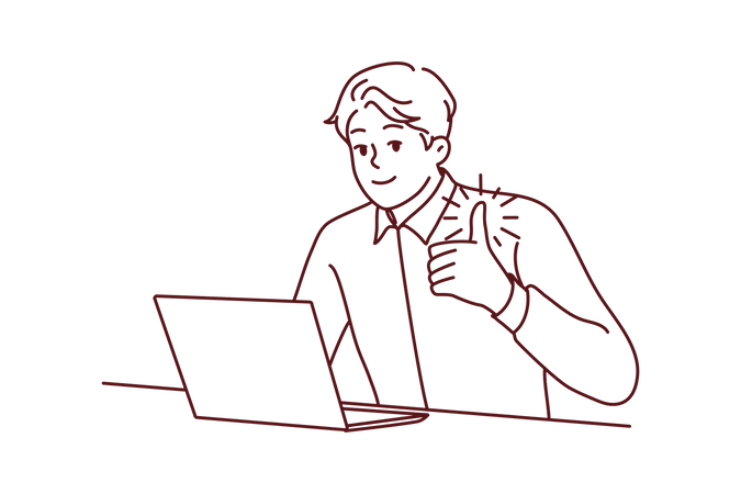 Young man using laptop while giving thumbs up  Illustration