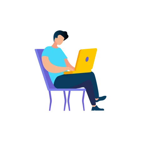 Young Man Using laptop while seating on chair Illustration