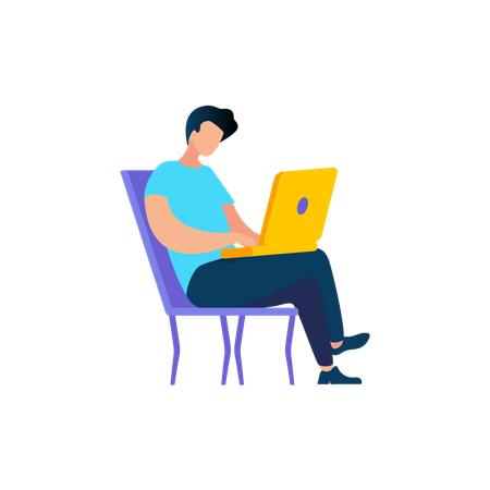 Young Man Using laptop while seating on chair  Illustration