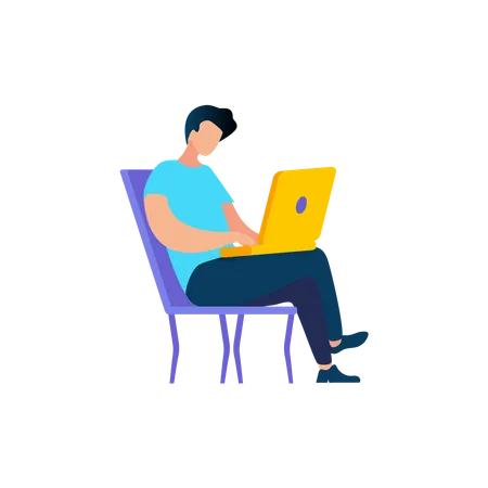 Young Man Using laptop while seating on chair  Illustration