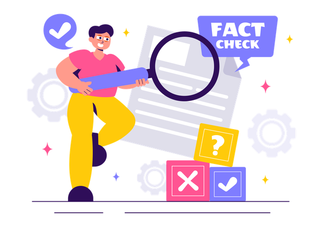 Young man using magnifier glass check fact  Illustration