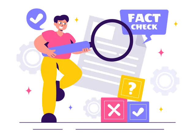 Young man using magnifier glass check fact  Illustration