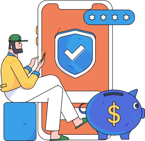 Young man using mobile doing online secure piggy savings  Illustration