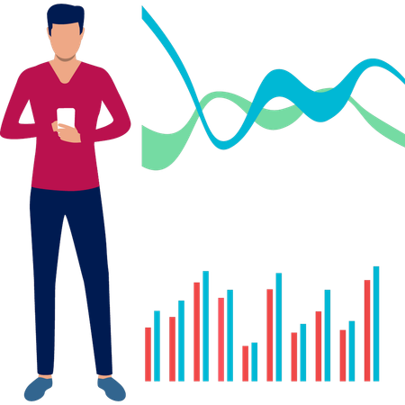 Young man using mobile phone doing trading analysis  Illustration